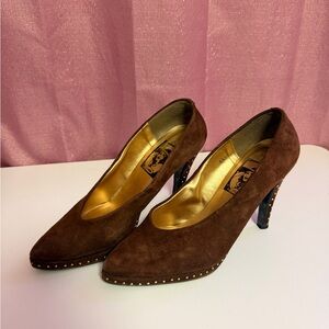 Brown Suede Studded High Heel Pumps - Womens